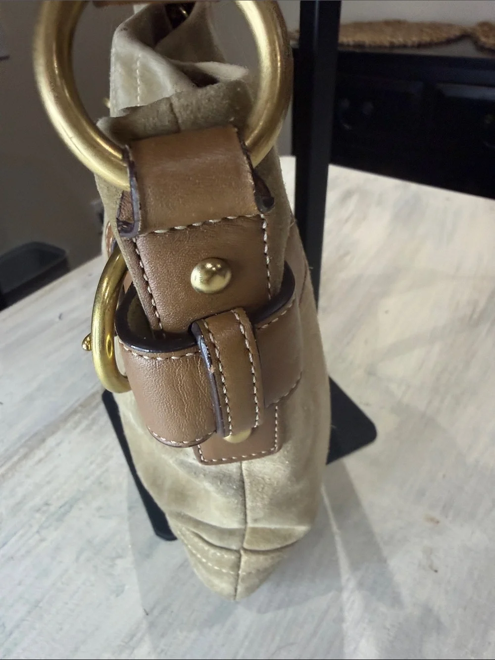 Vintage Y2K CoachTan Suede Bucket Hobo with Brown Leather Trim & Gold Hardware